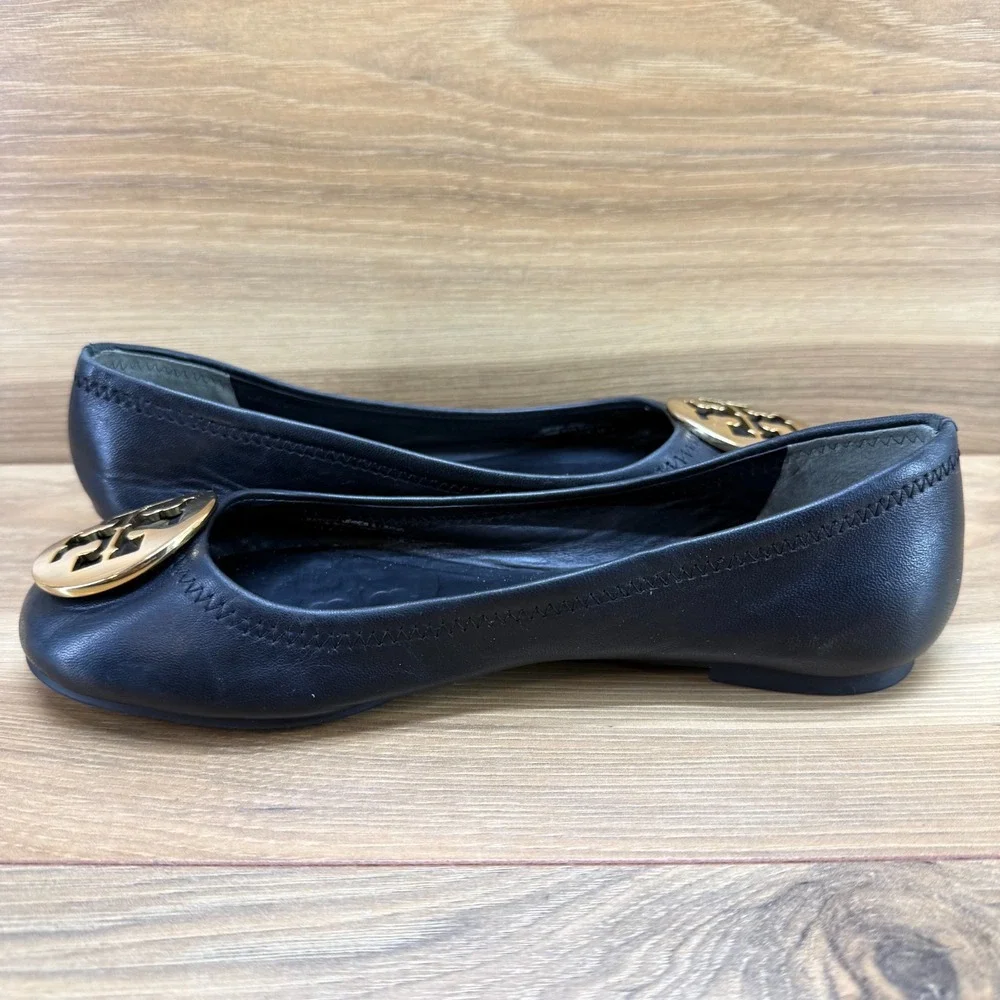 Tory Burch Reva Flats Black Soft 6.5 M Soft Leather Gold Logo Modern Office Walk